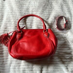 J crew handbag tomato red /coral with tassels *never worn*